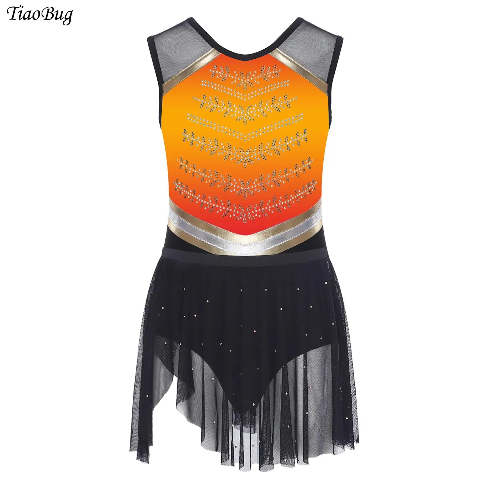 

Kids Girls Gradient Color Gymnastics Ballet Dance Outfit Sleeveless Block Patchwork Shiny Rhinestones Leotard+Sheer Mesh Skirt