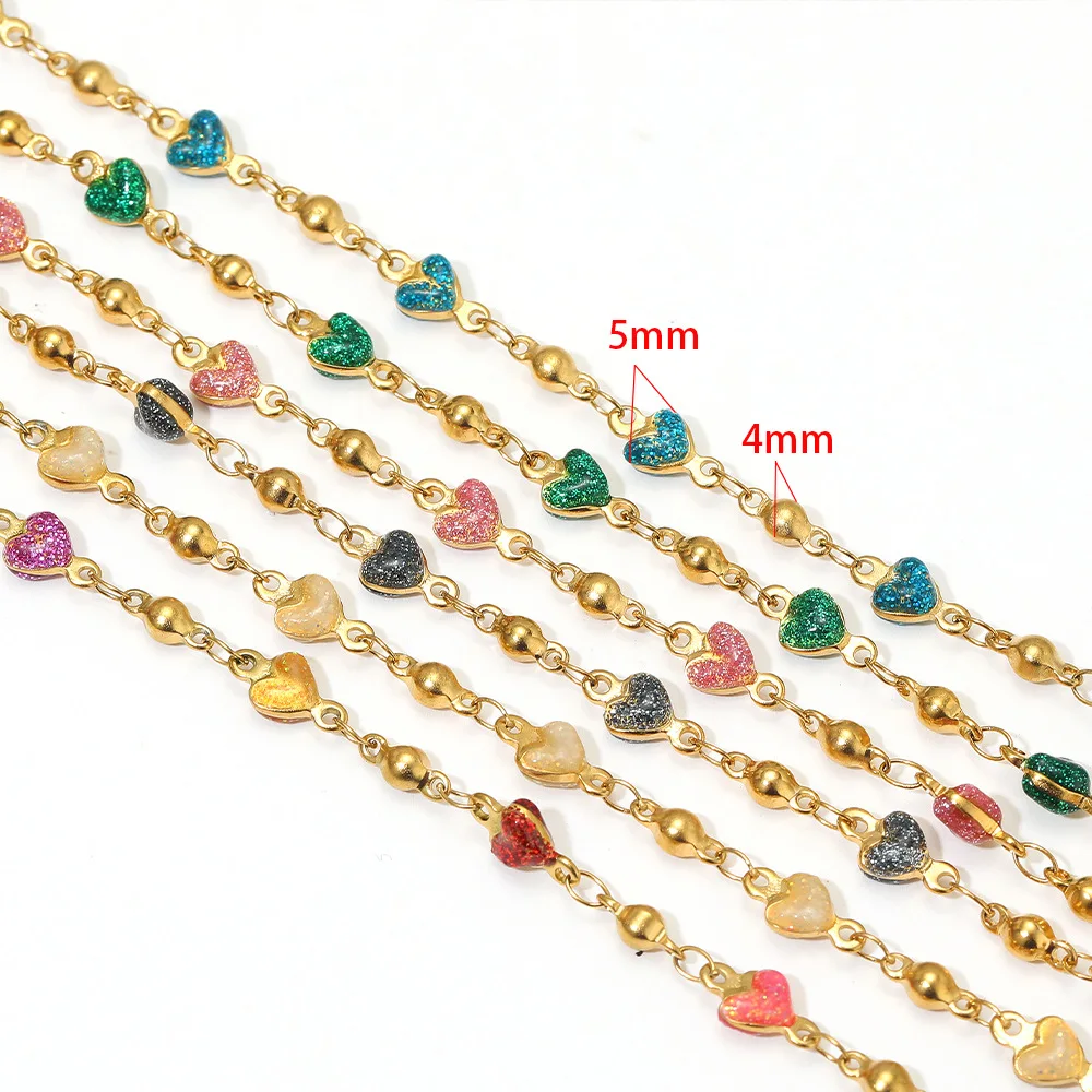 1 Meter Stainless Steel 5mm Width Heart Enamel Beads Chains for DIY Delicate Jewelry Earrings Making Necklace Anklet Accessories