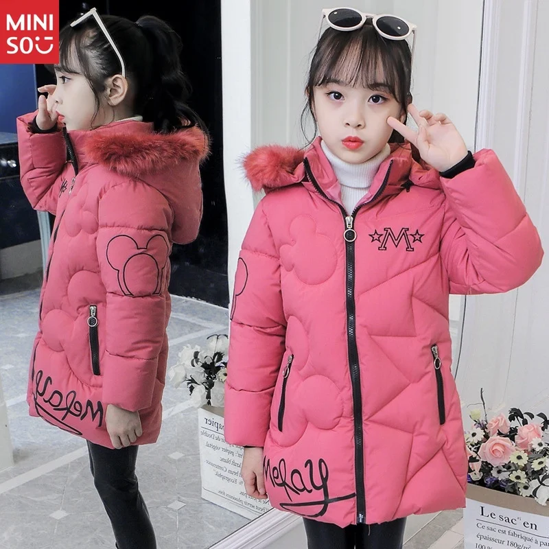 

Miniso Girls Long Puffer Coat, Slim-Fit Mid-Length Winter Jacket for Big Kids, Warm & Stylish