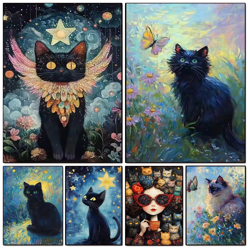 

Funny Art Monet Black Cat Van Gogh 5D DIY Diamond Painting Full Diamond Mosaic Embroidery Cross Stitch Kits Home Decoration