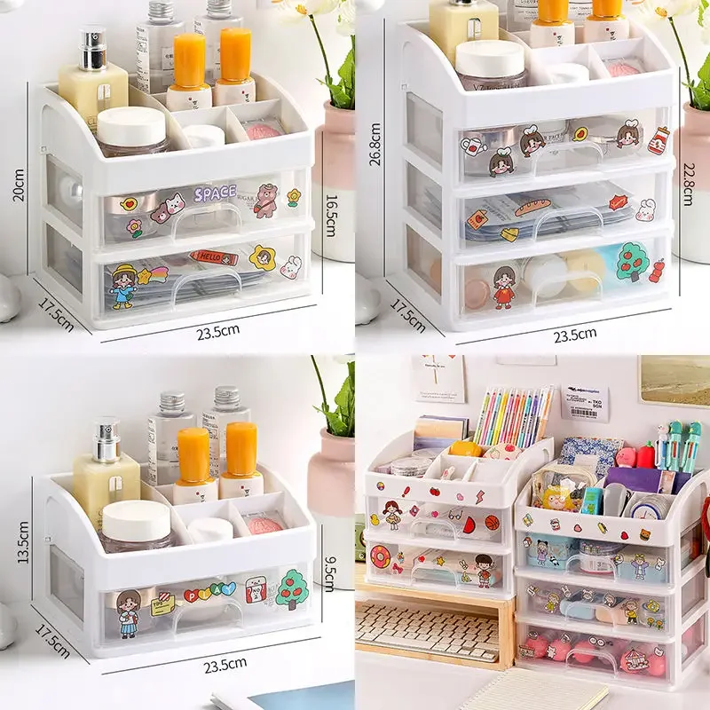 Cute Multi-storey Drawer Desktop Organizer Desk Storage Box Free Sticker School Office Stationery Cosmetic Home Storage Box