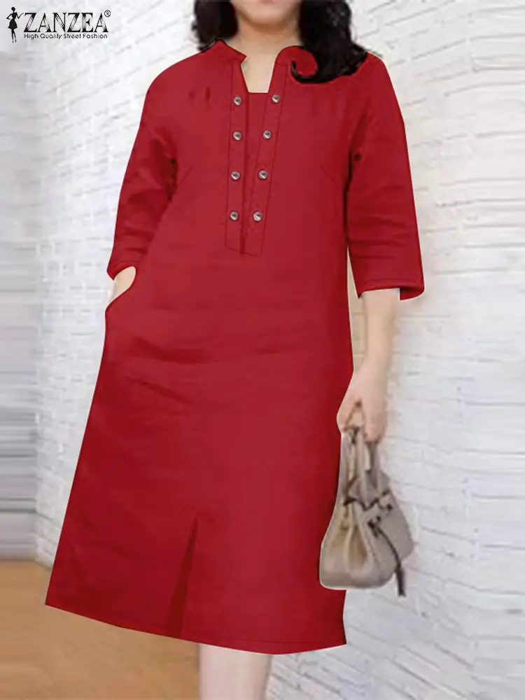 

Elegant Women 3/4 Sleeve Midi Dress ZANZEA Autumn Sundress Stylish Party Work Vestidos Casual Solid Buttons Up Robe Femme 2024