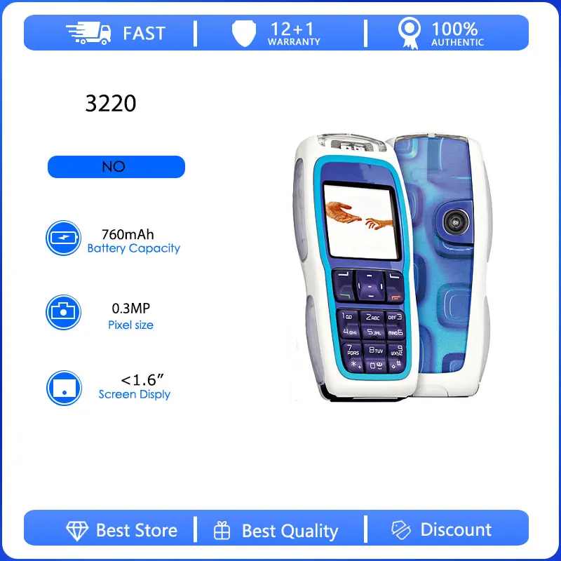 Teléfono Móvil Reacondicionado Original 3220 2G Desbloqueado 0.3MP GSM 900/1800 con Teclado Ruso, Árabe y Hebreo, Hecho en Finlandia