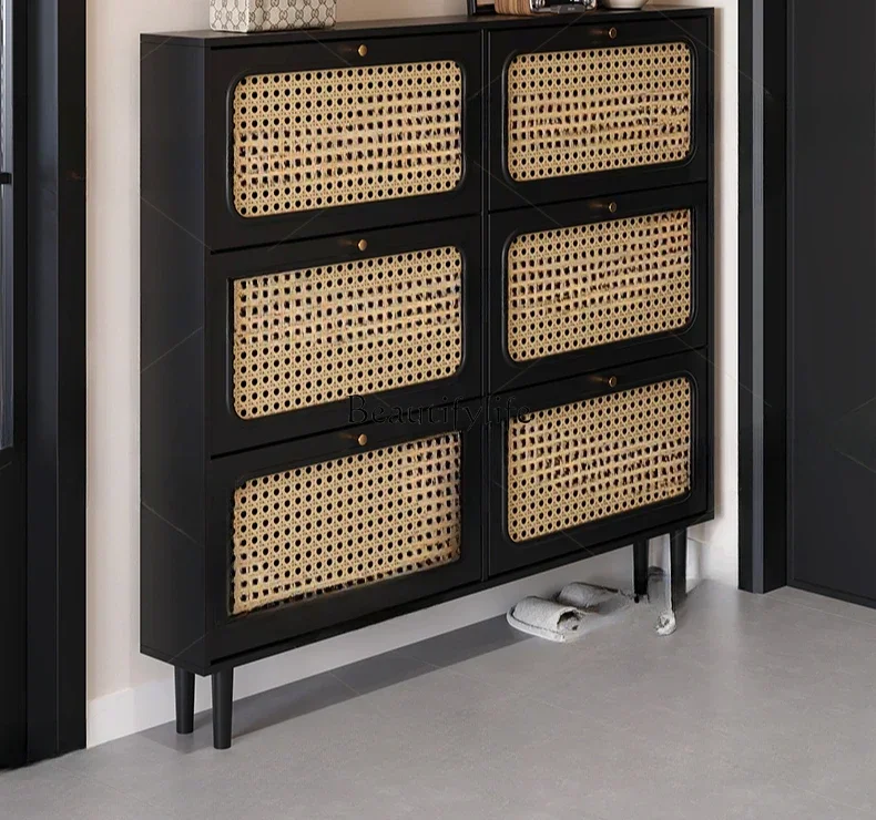

LAmerican rattan ultra-thin shoe cabinet household narrow black tipping bucket entrance cabinet against the wall