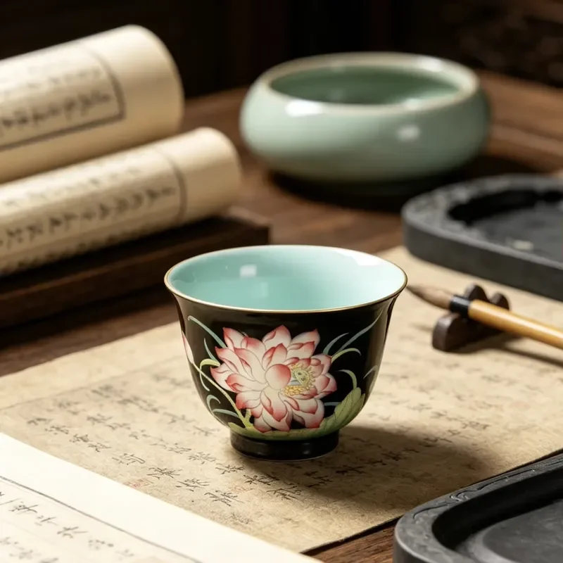 【CHIMU HOME】 Black Porcelain Lotus Shaped Cup 3.5 oz for Daily Use and Gift Giving