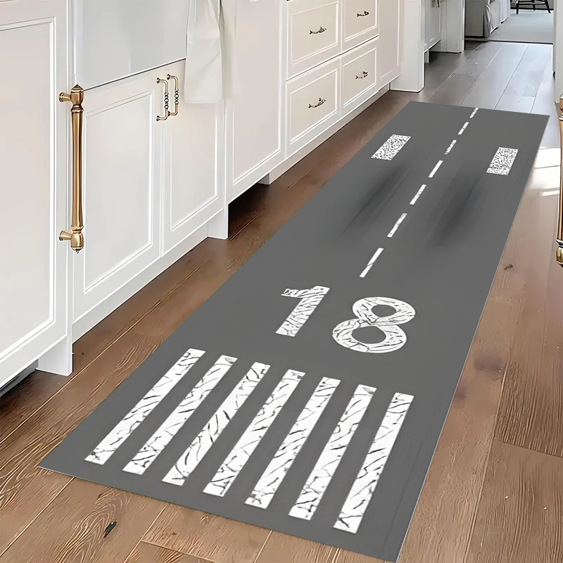 Airport Runway Design Long Carpet Realistic Aviation Theme Non-Slip Washable Rug for Kitchen Laundry Room Entrance Minimalist