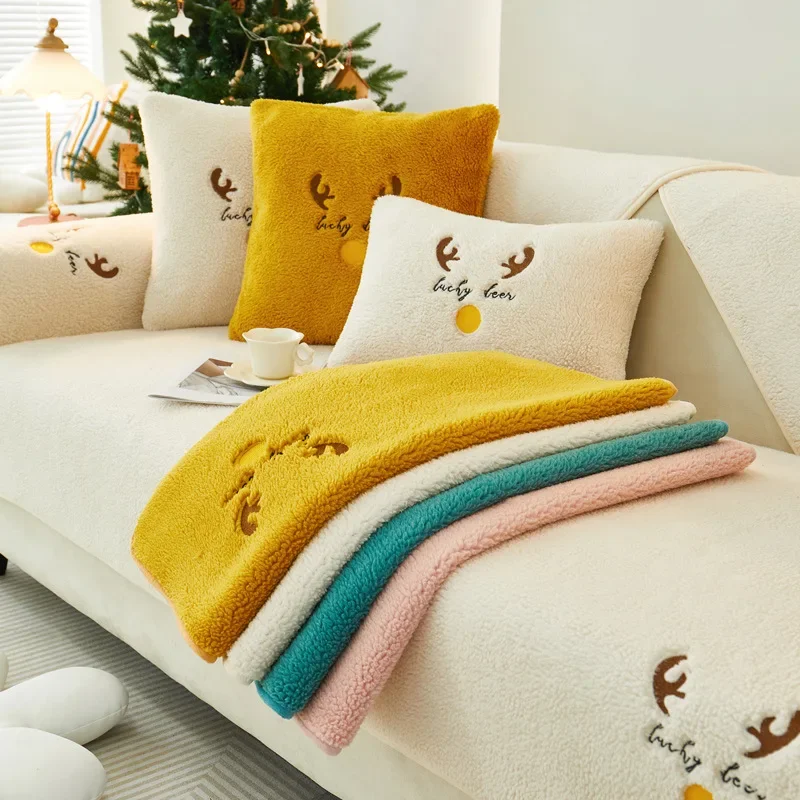 Thicken Lamb Plush Sofa Cover Universal Non-slip Sofa Mat Christmas Embroidery Sofas Towel A Living Room Couch Cushion L Shaped