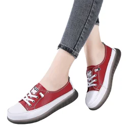 Summer Autumn Genuine Leather Vulcanized Shoes Women Jogging Sneakers Woman Lace Up Flat Walking Trainers Fitness Cross-training