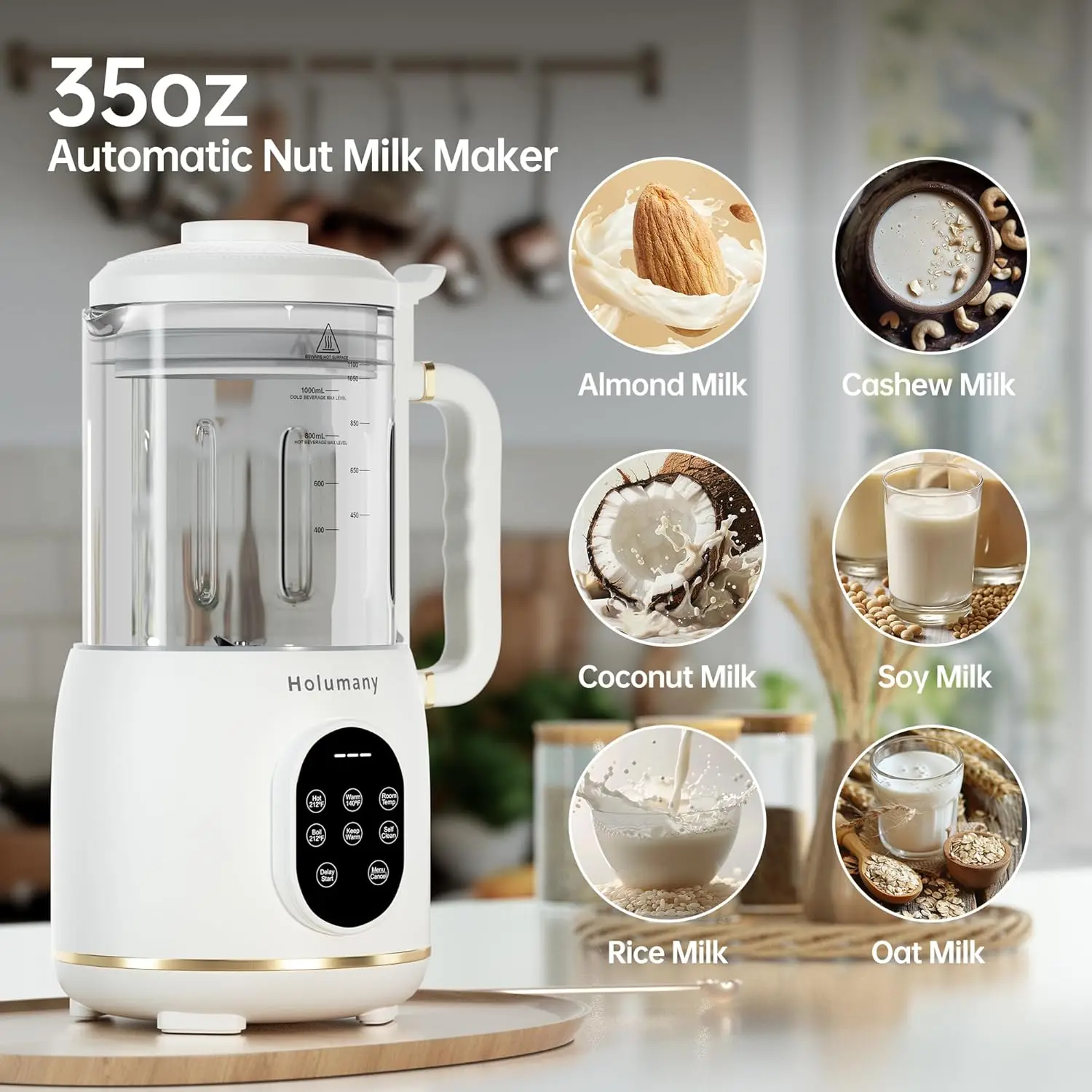 35oz Nut Milk Maker Machine for Almond/Oat/Soy Milk with 8-in-1 Auto Programs 18H Delay Start & 60s Self-Clean (Large Ounces 35)