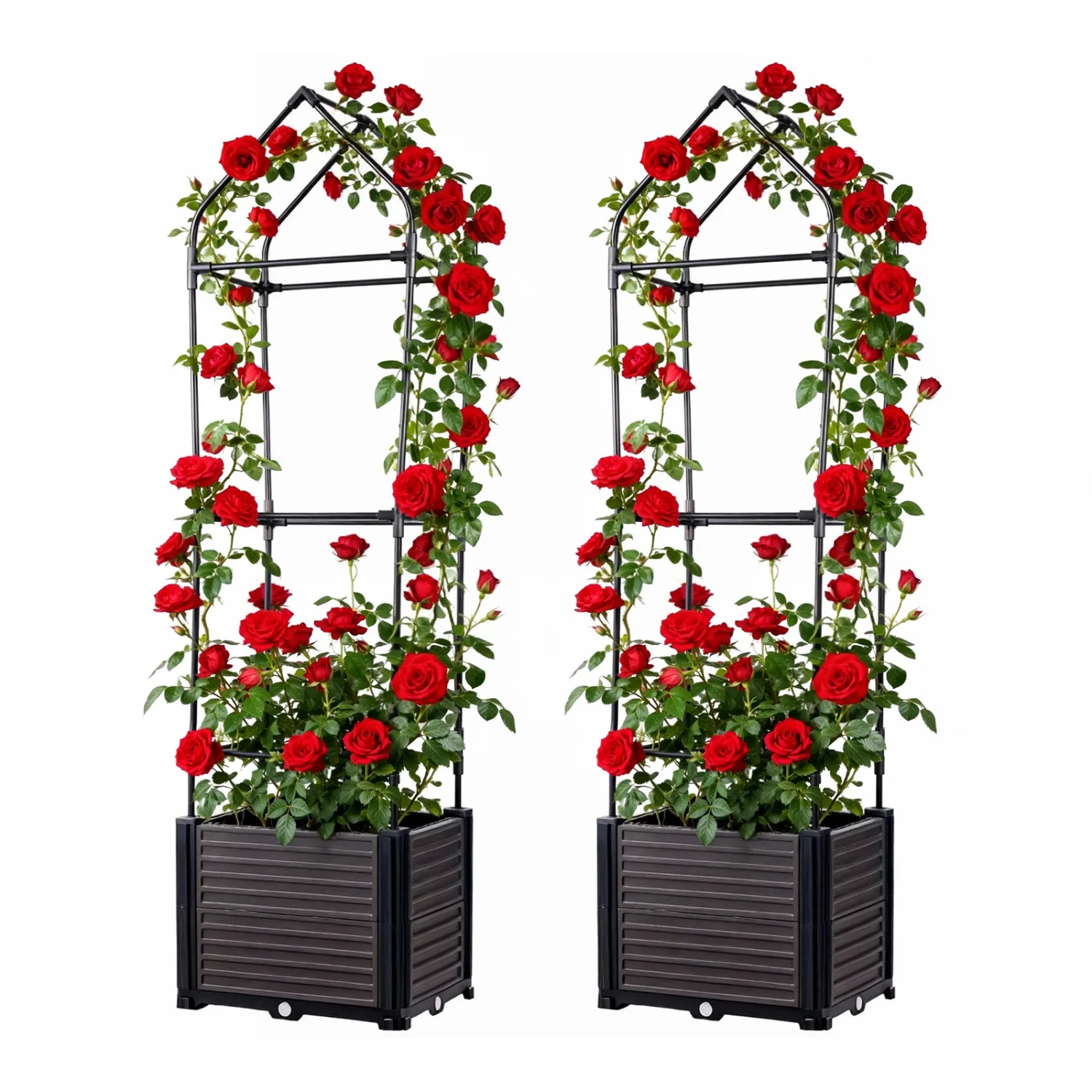 Lot de 2 bacs surélevés avec treillis, cage à tomates de 150 cm, jardinière auto-arrosante, treillis à tomates pour plantes grimpantes, fleurs