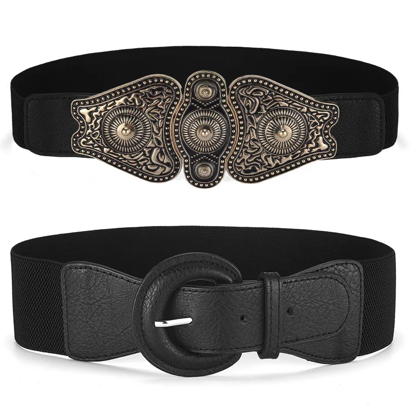

Western Retro Flower Buckle Elastic Black Women Waistband Belt Fashion Dress Coat Sweater Cummerbund for Ladies