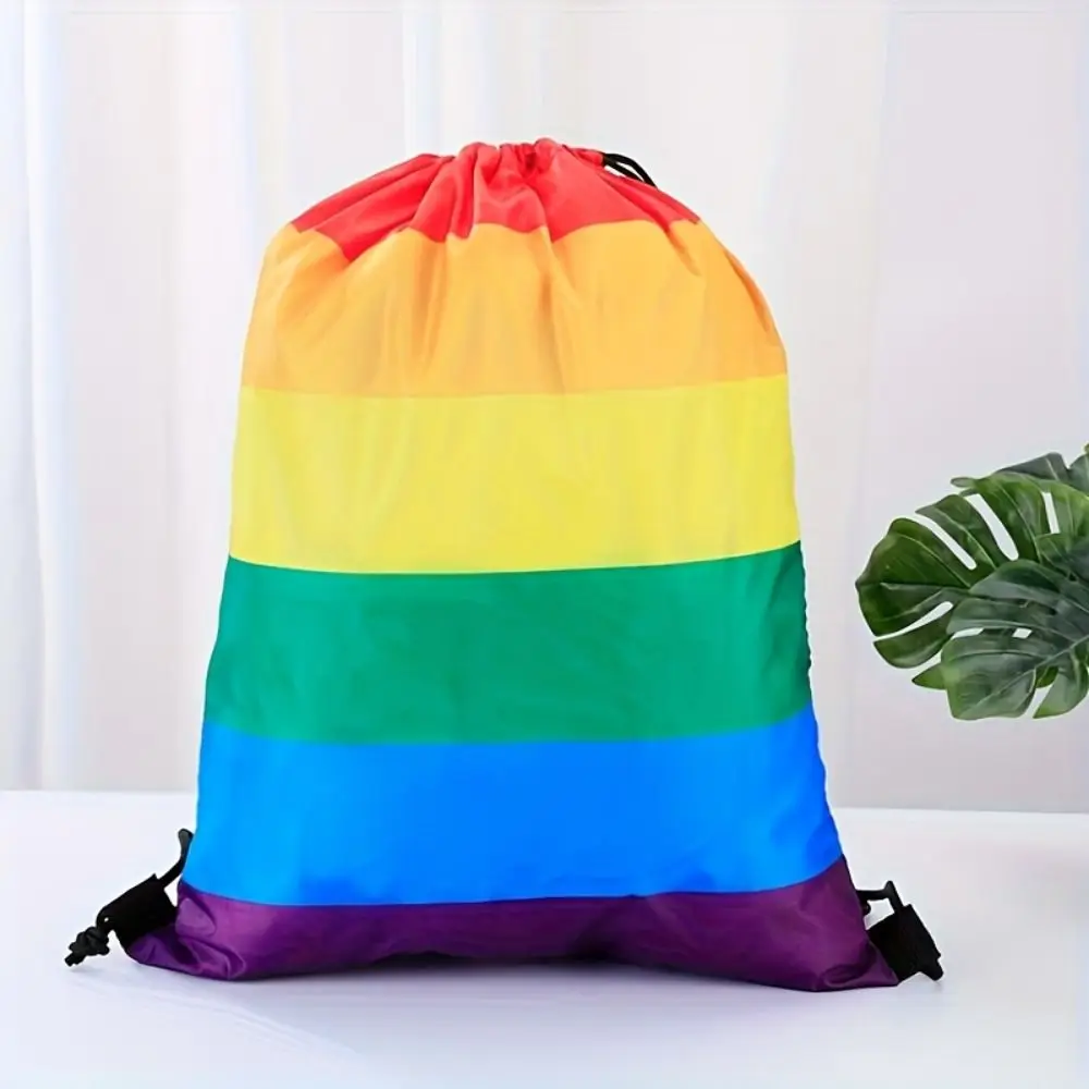 Rainbow Drawstring Gym Backpack Reflective Stripe Waterproof Nylon Sports Shoulder Bag Iridescent Foldable Drawstring Bag Travel