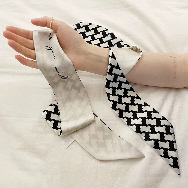 Luna&Dolphin Women Spring Skinny Long Scarf  Black Strip Geometry Print Chiffon Silk Tie Bag Ribbon Headband Choker