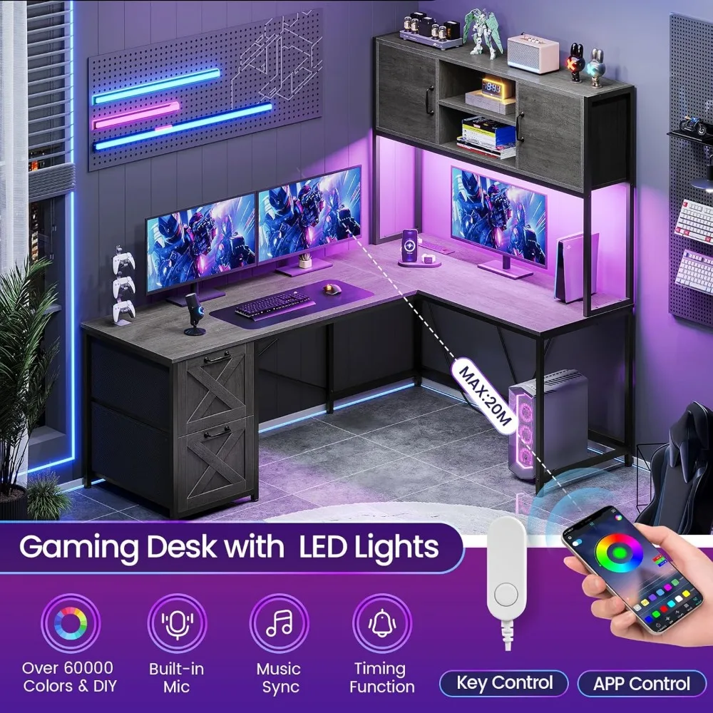 L Shaped Gaming Desk, Reversible Computer Desk with Fabric Drawers and Power Outlet, Gaming Desk with Led Lights, Hutch and Sto