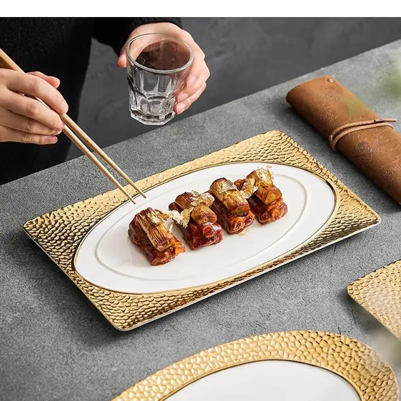 Gold-plated Wood Grain Ceramic Dinner Plate Dessert Sushi Snack Plates Molecular Cuisine Specialty Tableware