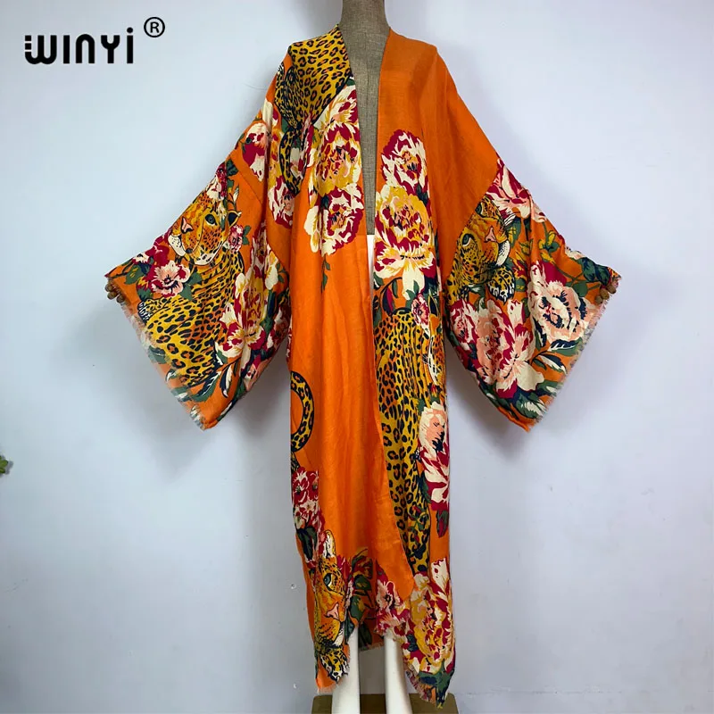 Winyi Zomer Bohemian Luipaard Print Strandkleding Zwempak Cover Up Afrika Vrouwen Vest Kleurrijke Sexy Vakantie Lange Mouw Kimono