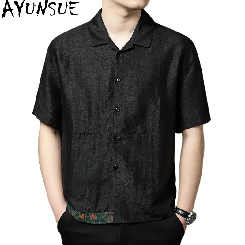 

Мужская рубашка AYUNSUE из натурального шелка, летняя коллекция 2026, 100% натуральный шелк тутового шелкопряда, повседневная мужская рубашка с коротким рукавом, топы, мужские рубашки
