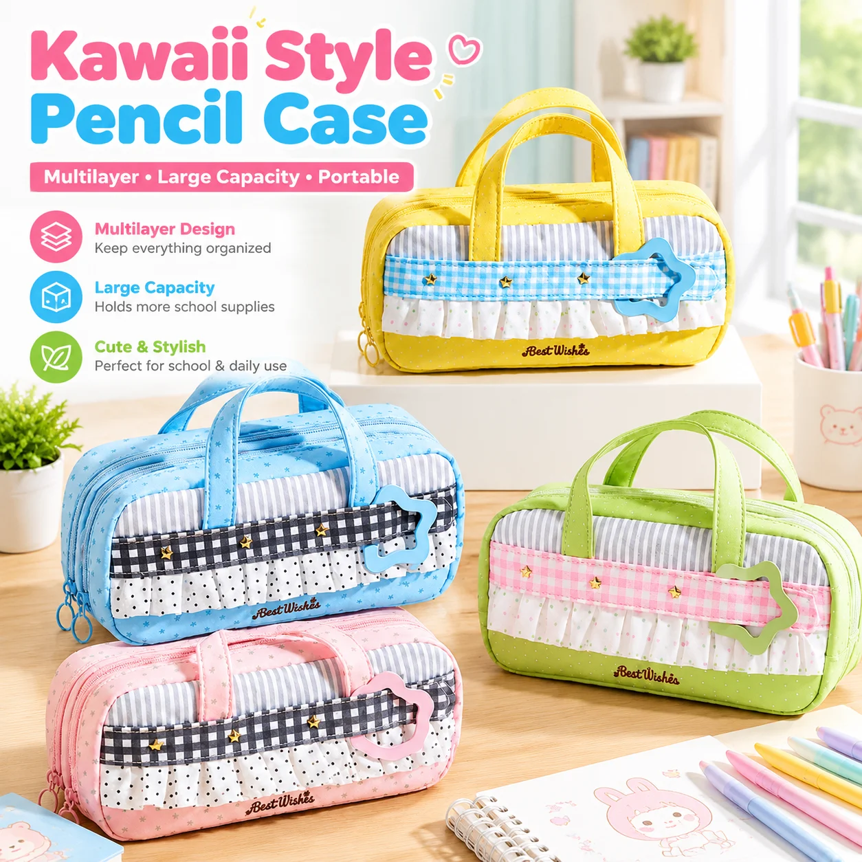 Kawaii Style Multilayer Pencil Case with Large Capacity, Portable Student Pen Pouch Bag for School Stationery Supplies