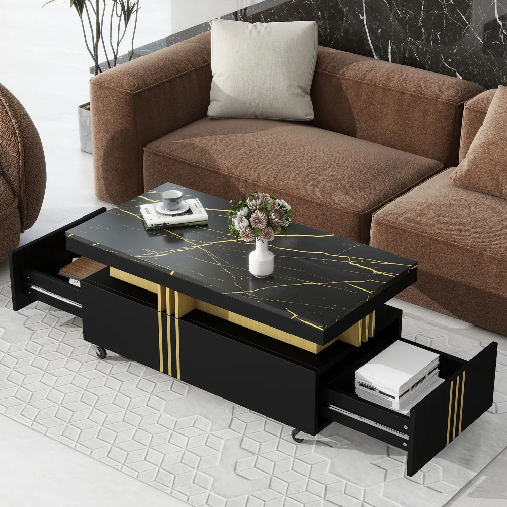 

Modern Living Room Premium Black Central Coffee Table Artificial Marble Countertop Rectangular Table With Metal Strip Luxurious