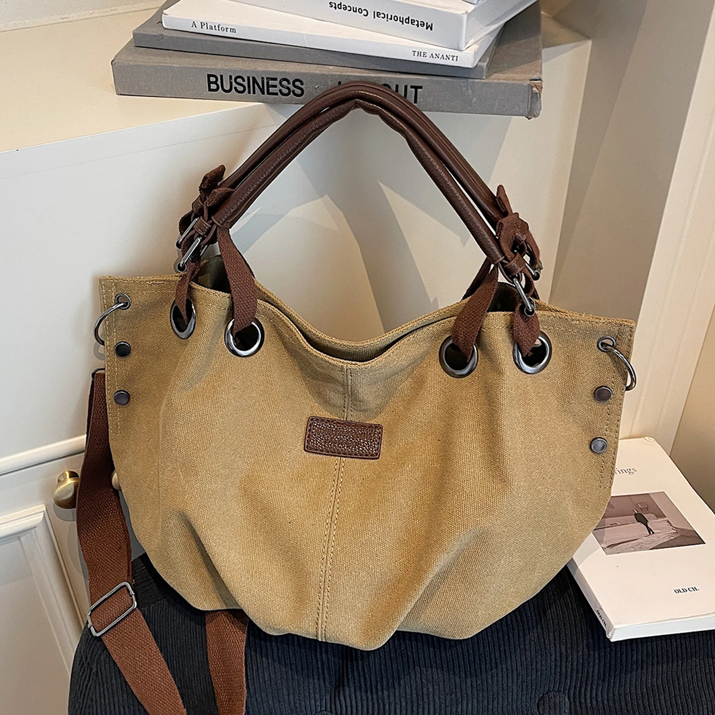 

Женские холщовые сумки, текстурированные сумки-тоут большой вместимости для покупок, модная лоскутная женская сумка через плечо для поездок на работу