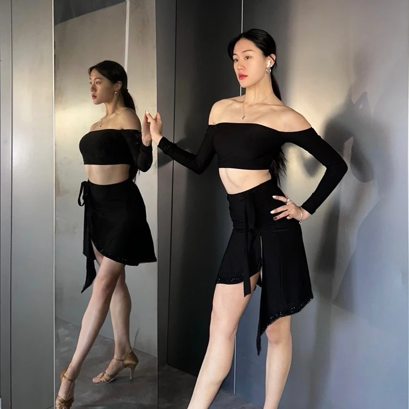 

2025 Latin Dance Performance Suit For Women Chacha Rumba Tango Adult Female Long Sleeved Split Skirts Suit Latin Wear DQS18347