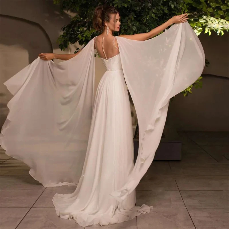 Women's Wedding DressesA-line V-neck Trailing Bridal Gowns with Shoulder Poncho for Party Ball-Gown