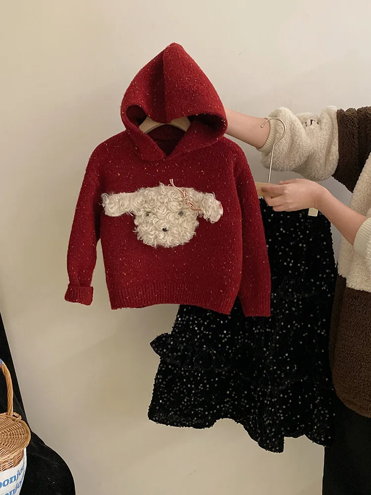 

Girls' Cute Hooded Puppy Color Dot Knit Sweater Autumn Winter New Lace Sequin Skirt Set Trendy