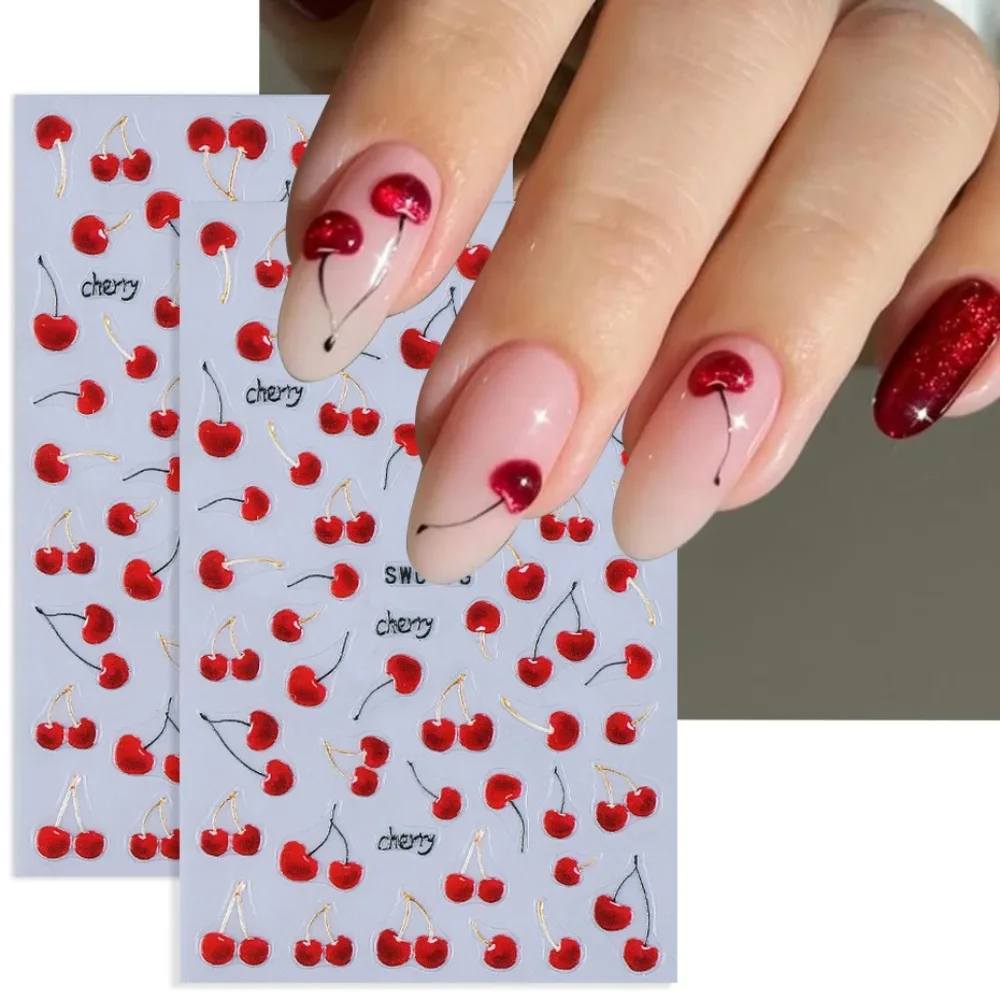 2pcs Red Cherry Nail Stickers Cartoon Tropical Cherry Fruit Design DIY Summer Cute Self-adhesive Flower Slider Manicure Decor