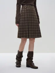 FSLE Vintage Style 49.5% Wool Brown Plaid Skirt for Women Autumn and Winter 2023 New Retro High Waist Pleated Skirt Female