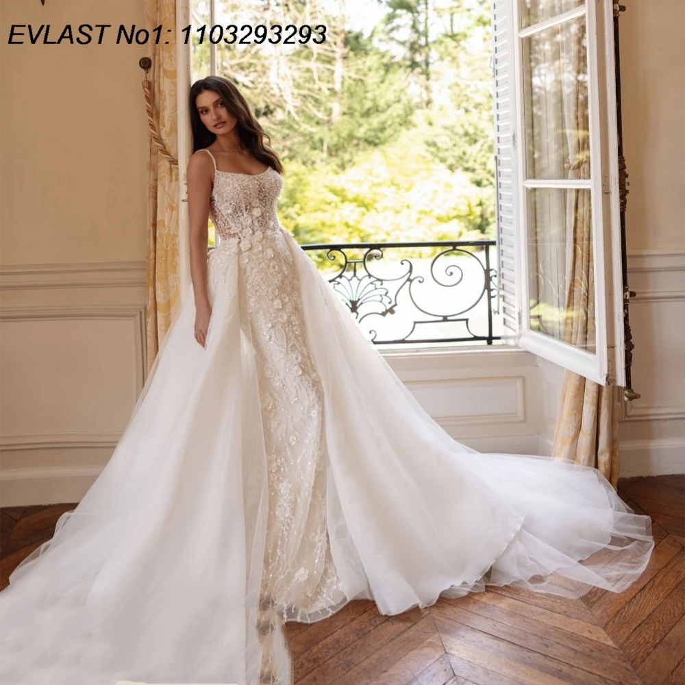 

EVLAST Customized Sparkly Mermaid Wedding Dress Floral Applique Beading Detachable Train Bridal Gown Vestidos De Novia TMD104