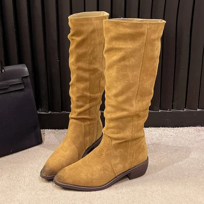 

Fashion Suede Mid Heels Women Long Boots Designer Elegant Pointed Toe Shoes 2025 Winter New Dress Pumps Classical Zapatos Mujer