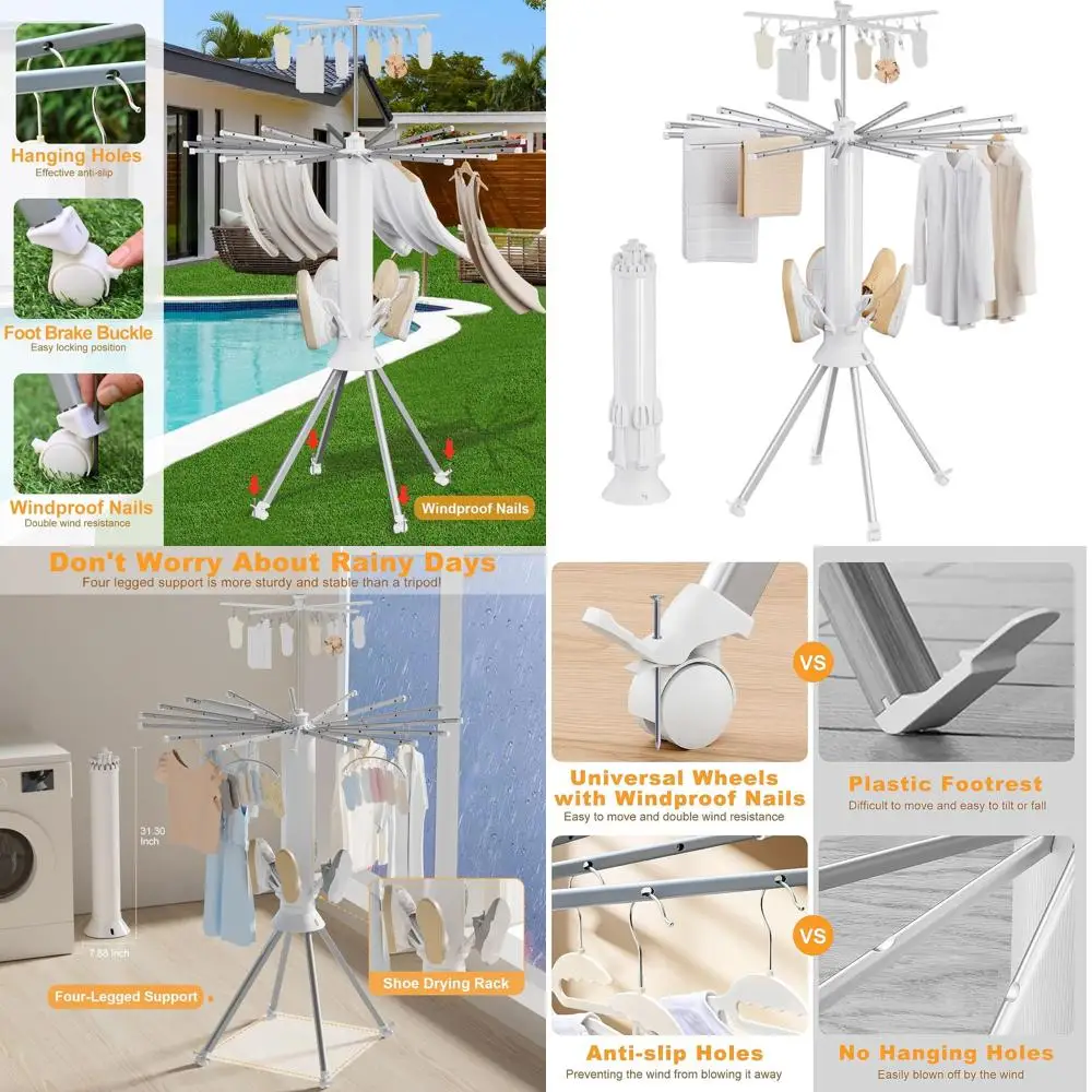 

Portable 4-Legged Folding Drying Rack with 20 Clips, Shoe Dryer, Outdoor Laundry Rack, Aluminum Clothes Hanger for Socks, Towels