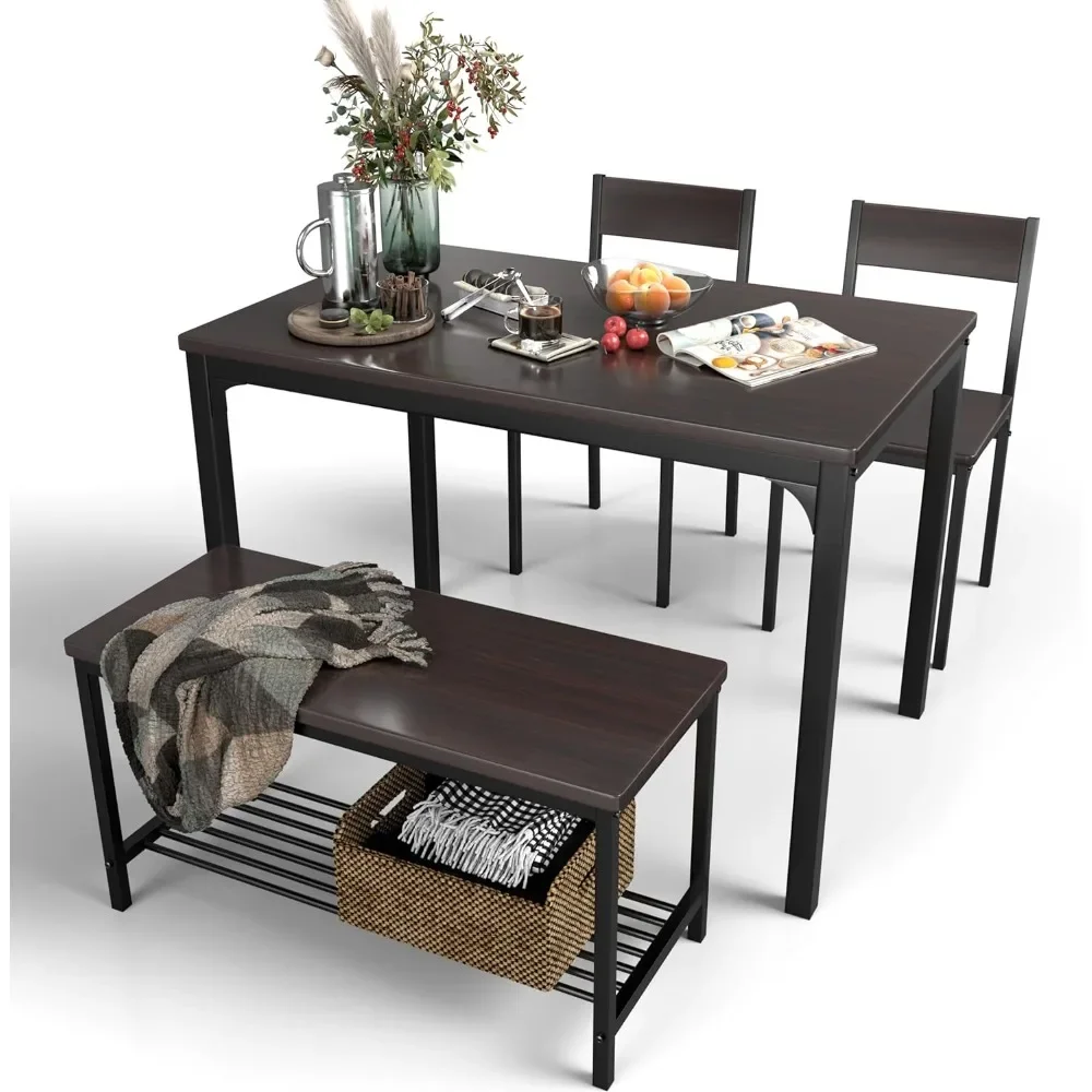 Dining Table Set for 4, Small Kitchen Table and Chairs for Space Saving, 1 Bench with Storage and 2 Chairs with Backrest