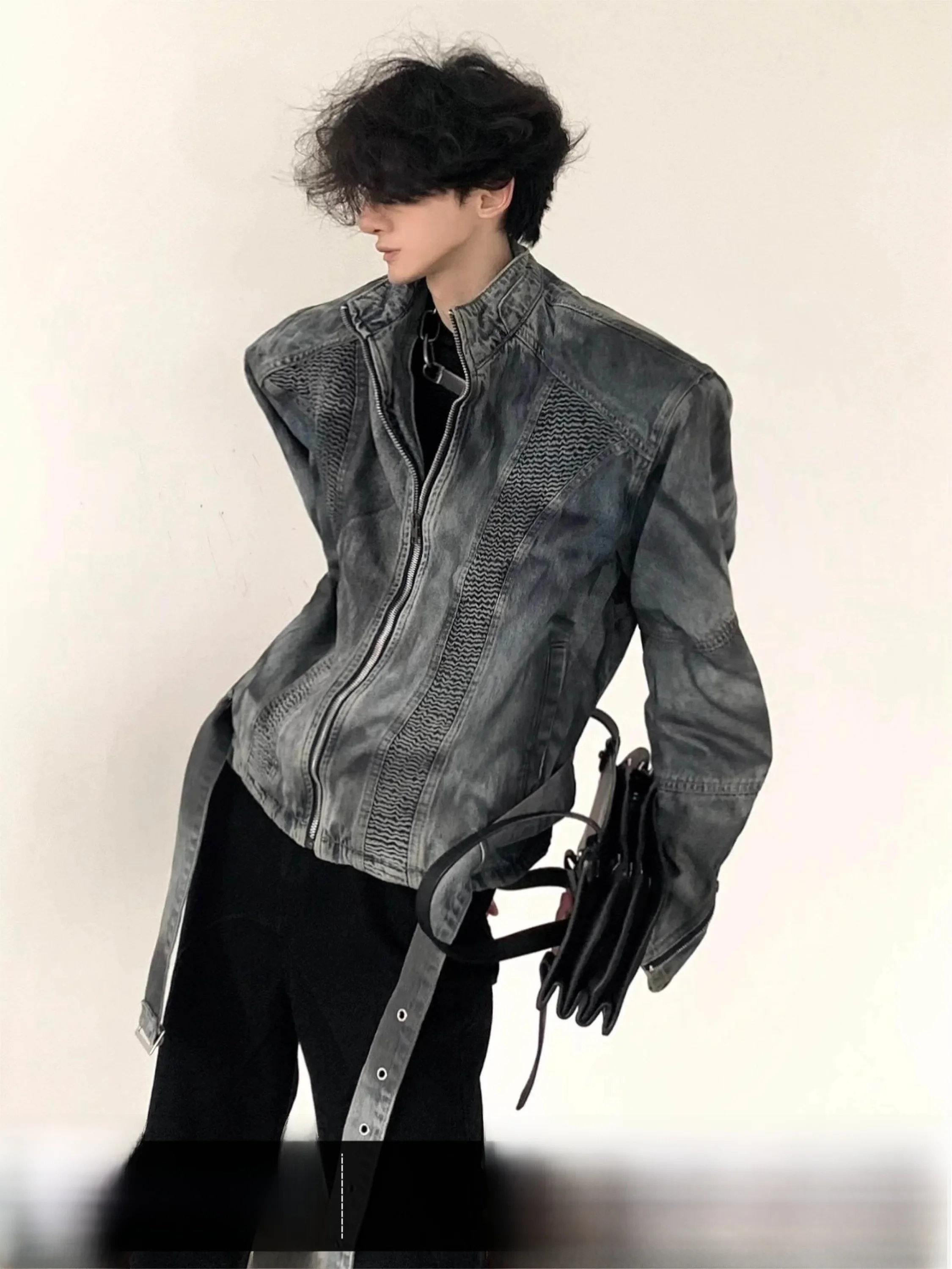 Heavy Duty Pleated Design Shoulder Padded Short Men's Denim Jacket Youthful Spring Autumn Winter Casual Fashion Zipper Closure