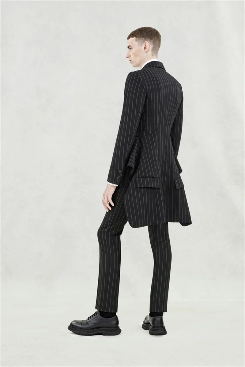 

Pinstripe Black Men Suit Set 2 Piece Long Blazer+Pant Trousers Customized Formal Office Jacket Prom Wedding Tuxedos Male Coat