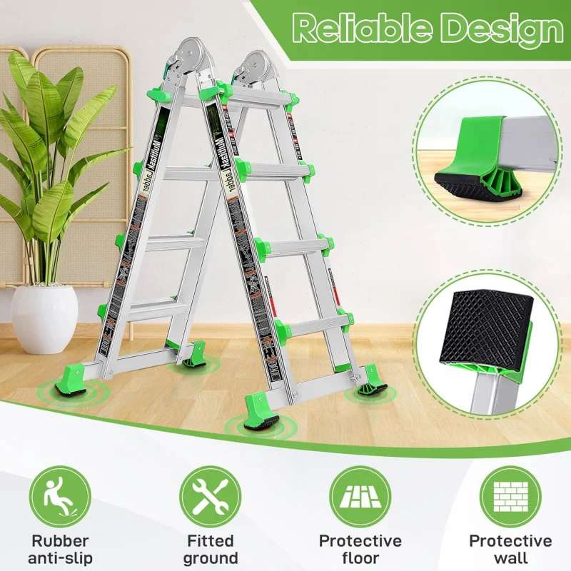 Multi Position 4 Step Ladder Extension, 14 Ft Anti-Slip A Frame Compact Folding Ladder, Adjustable Telescopic Aluminum Ladders