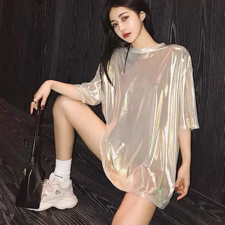 Women Glittering T-shirt Bright Summer New Trendy Brand Mid-length Loose Student Hip-hop Short-sleeved O-neck Casual Tops Tees