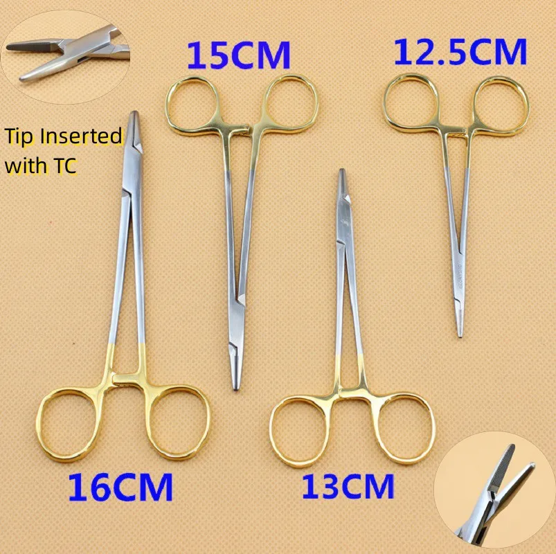 Alicate de soporte de aguja Dental, instrumento quirúrgico chapado en oro de acero inoxidable con mango de ortodoncia, cabeza TC, 1 unidad