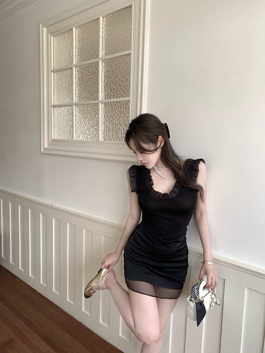

Black Mesh Skirt Sexy Thousand Gold Style Bodycon Half Body Short Skirt for Women High Waist Polyester Blend Fabric