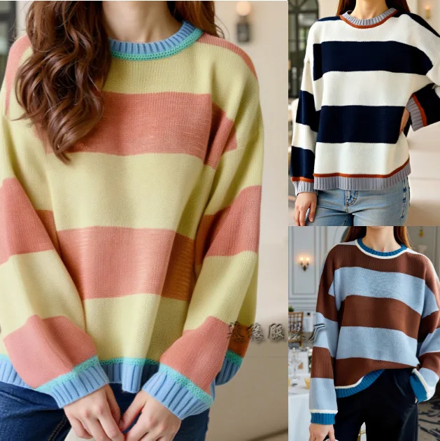 

2025 Autumn Winter Striped Sweater Women's Pullover Fashion Knitted Loose Lazy Style Top Autumn and Winter Knitted Sweater Women