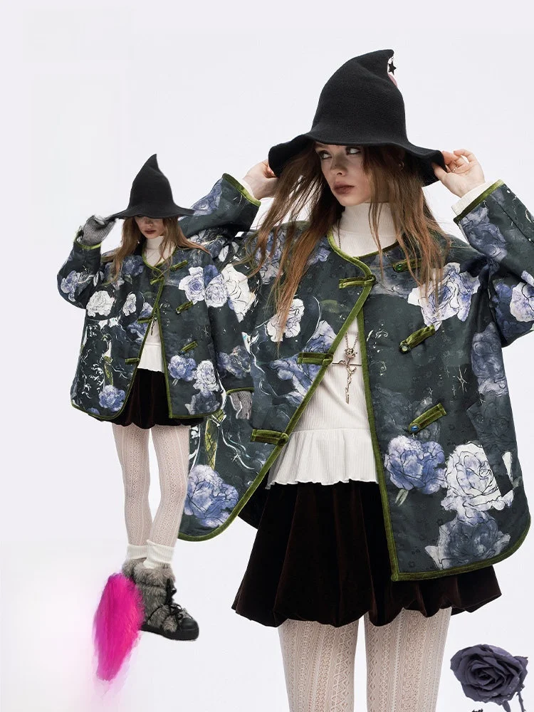 

Ele Velvet Cotton Jaet Women's Sle Embroidered k Pattern Tkae Flower Button Design Loose Fit Long Sve Coat