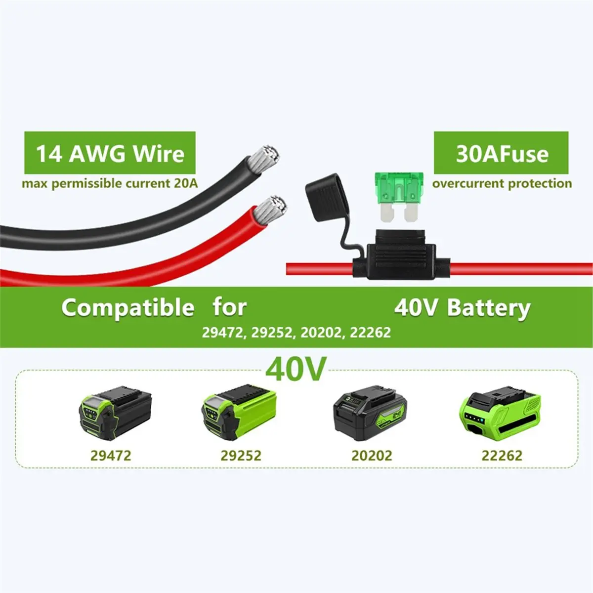 HGHO Battery Adapter Power Wheel Adapter for Greenworks 40V Lithium Battery 29472 29252 29252 with Fuse & Wire Terminal