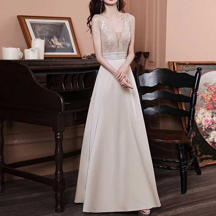 Customized Sequined Evening Dress 2024 New Sleeveless Banquet Dignified Temperament Slim Ladies Fashion Long Wedding Party Dress