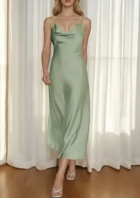 2023 فستان نسائي أنيق جديد من الساتان خلات مثير بحمالات فرنسية فستان طويل ملابس نسائية #4