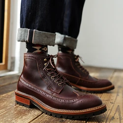 2023 new platform boots handmade vintage British men ankle boots cow leather Tooling shoes motorcycle boots Round Toe Lace-up