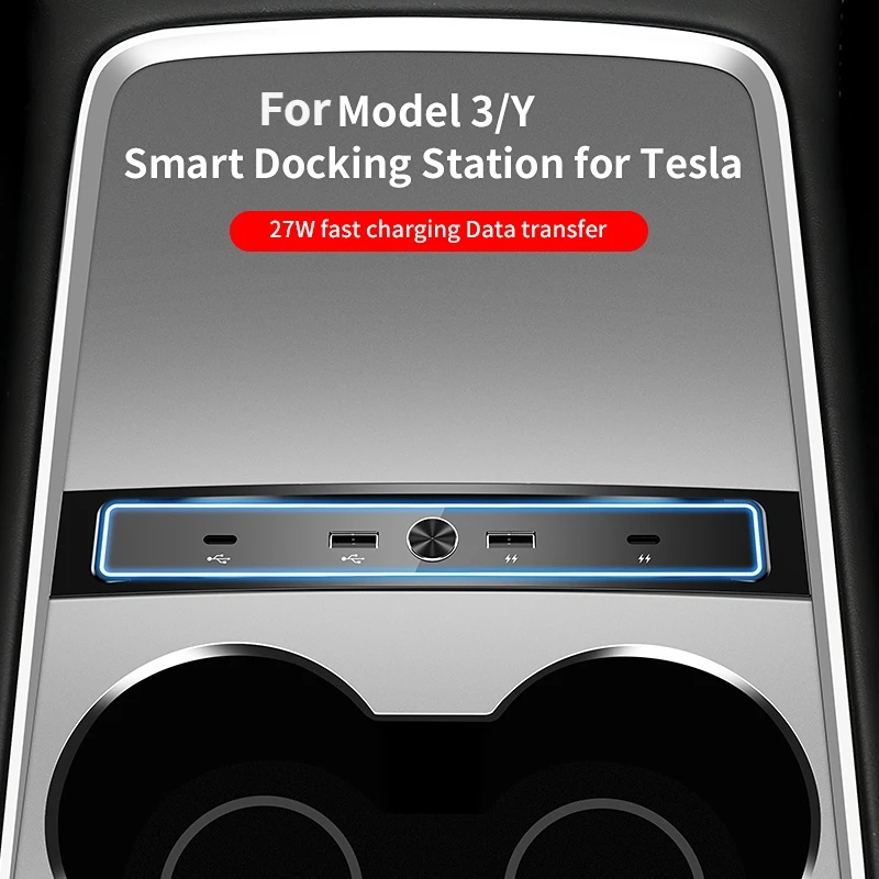 For Tesla Model 3 Y 2021 2022 27W Quick Charger USB Shunt Hub Intelligent Docking Station Car Adapter Powered Splitter Extension