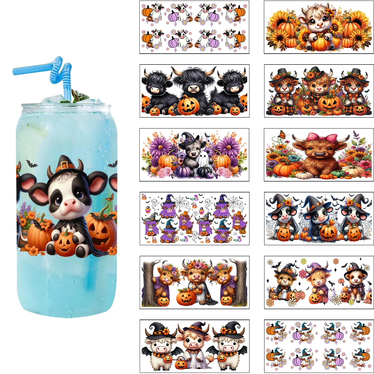 

Pumpkin Cow Series easy peel waterproof DIY Decals 3D transfers uvdtf crystal sticker 16oz uv dtf cup wraps