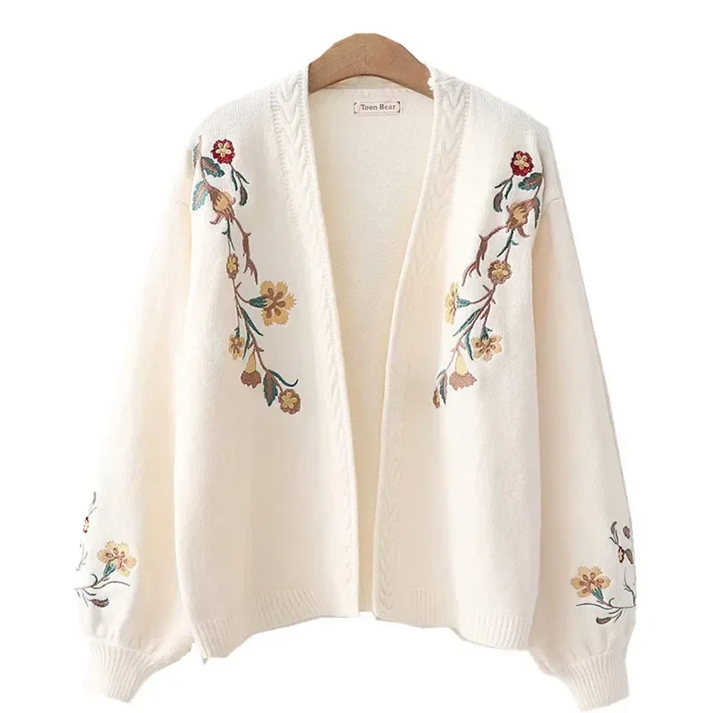 Gagaok Women Knitted Fashion Cardigan Spring Autumn V-Neck Lantern Sleeve Embroidery Floral Thick Loose Harajuku Female Sweater