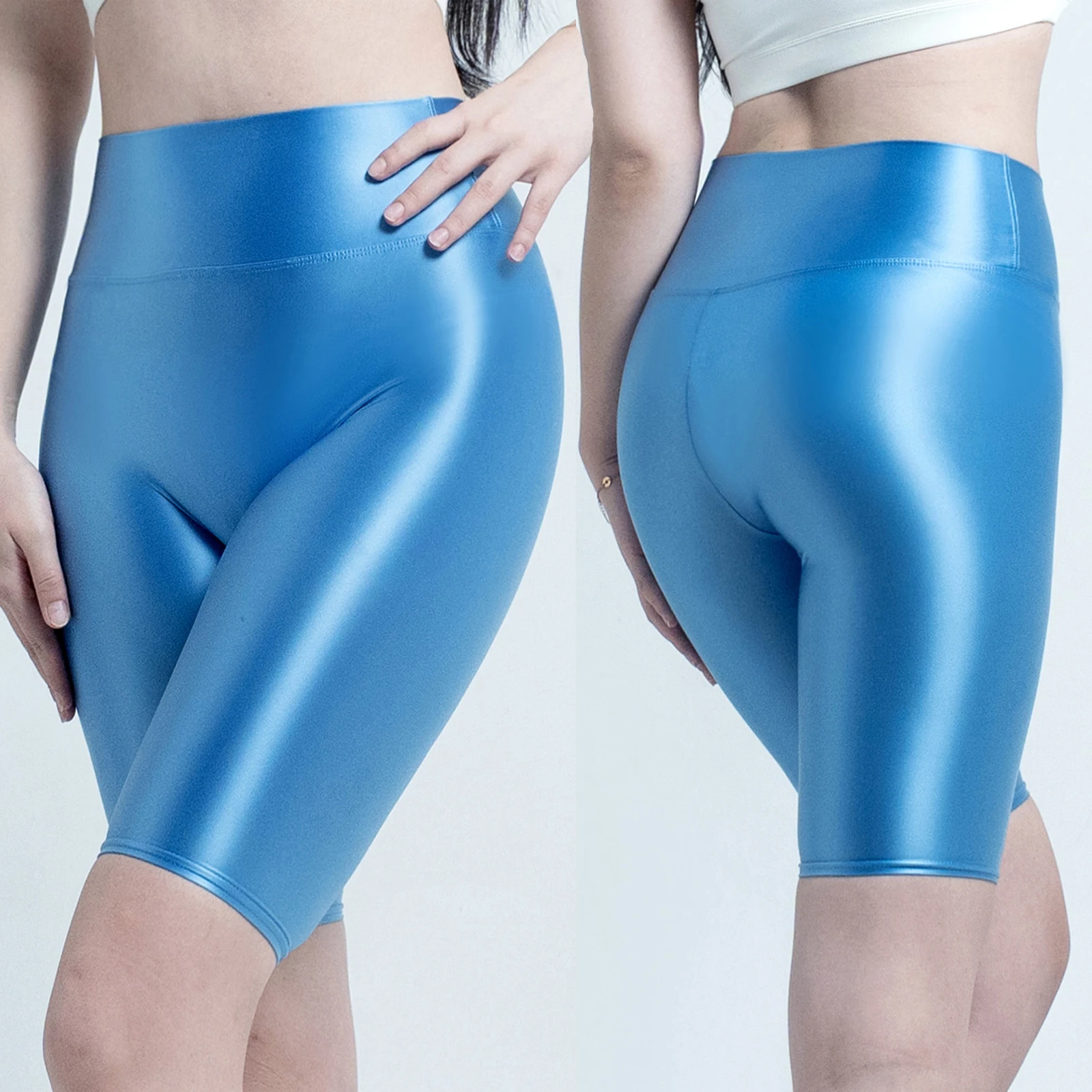 MJINM High Waist Glossy Smooth Knee-Length Tights Women's Fitness Running Sportswear Beach Pants Board Sports Leggings Sweatpant