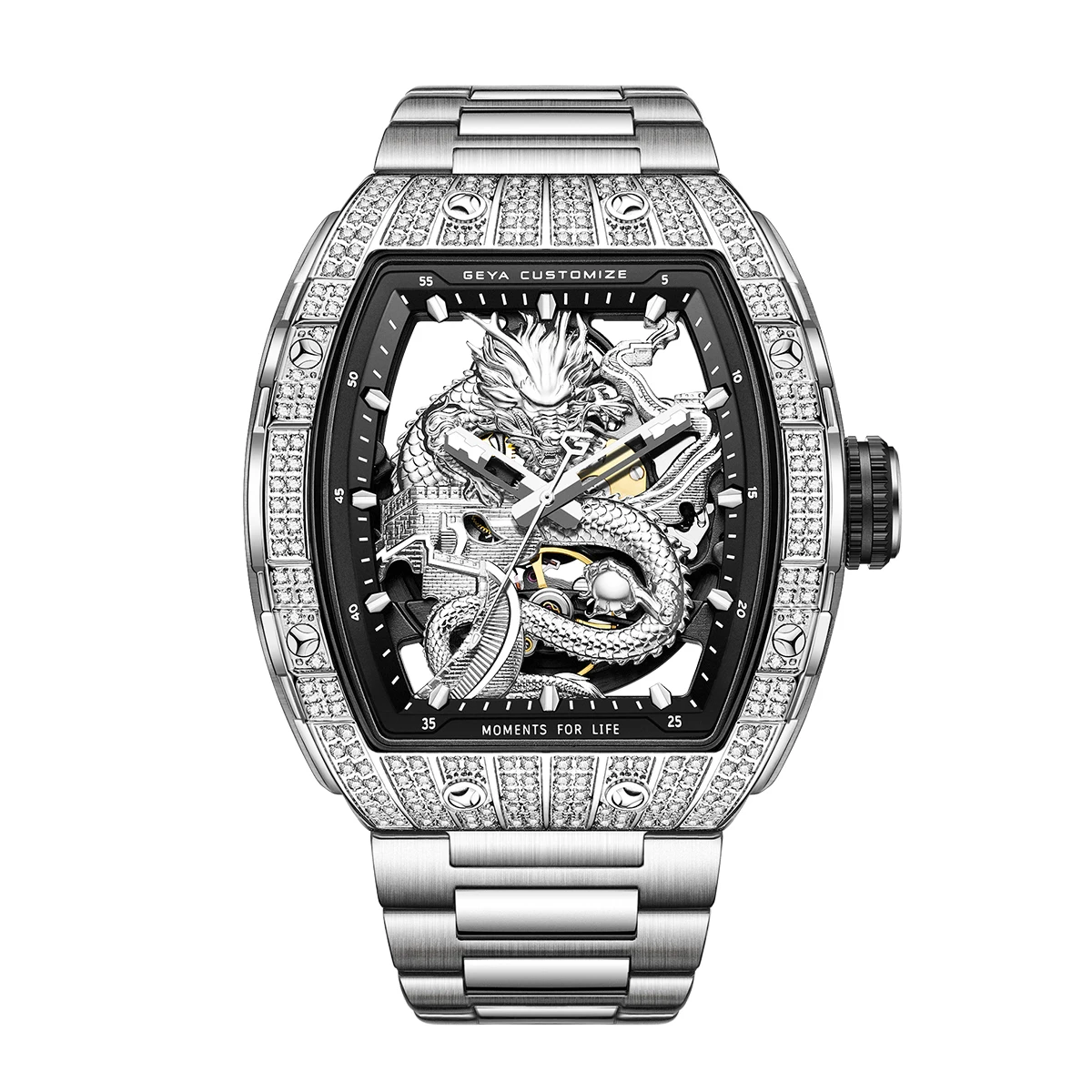 GEYA Luxury Crystal Diamond Dragon Mechanical Men\'s Watches, 50M Waterproof Silver Stainless Steel Luminous Unique Chinese Loong